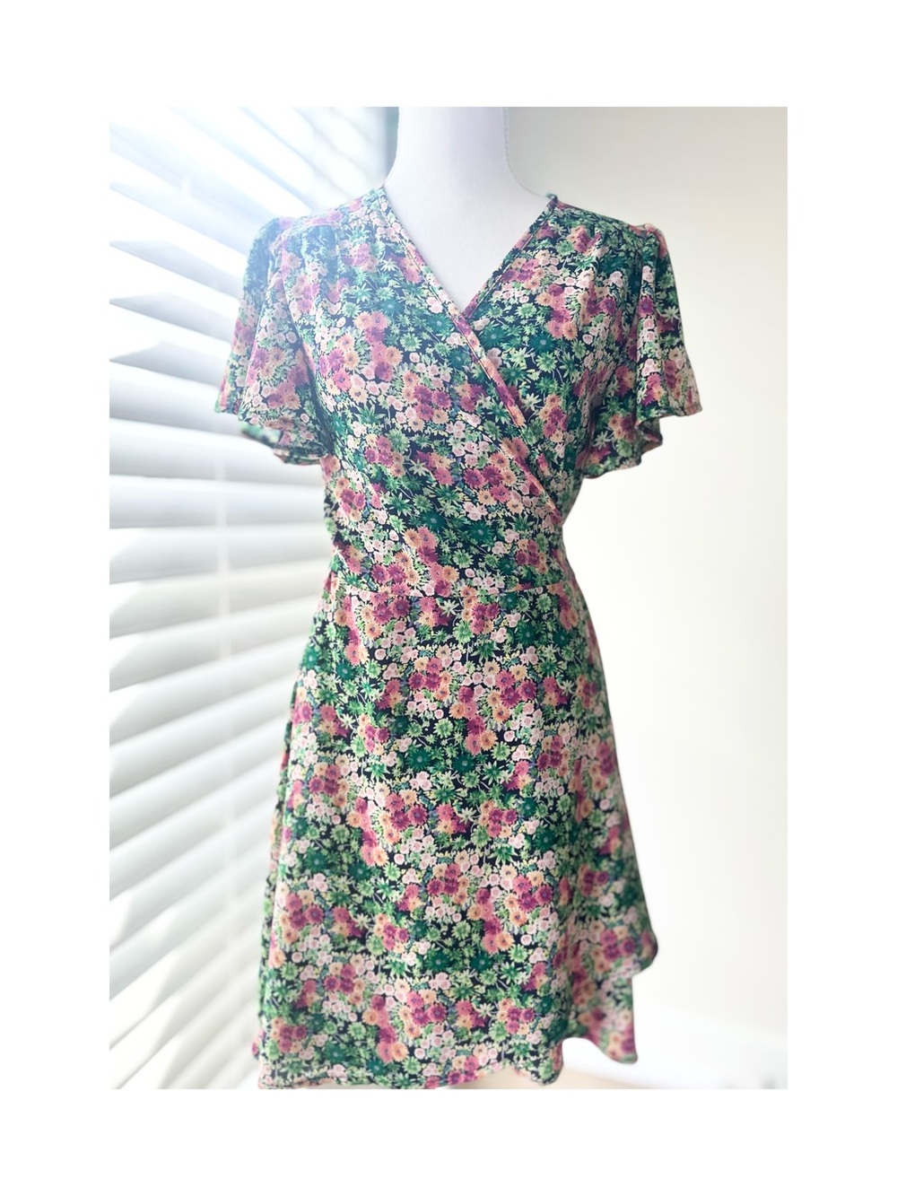 Simons Green and Pink Floral Wrap Midi Dress